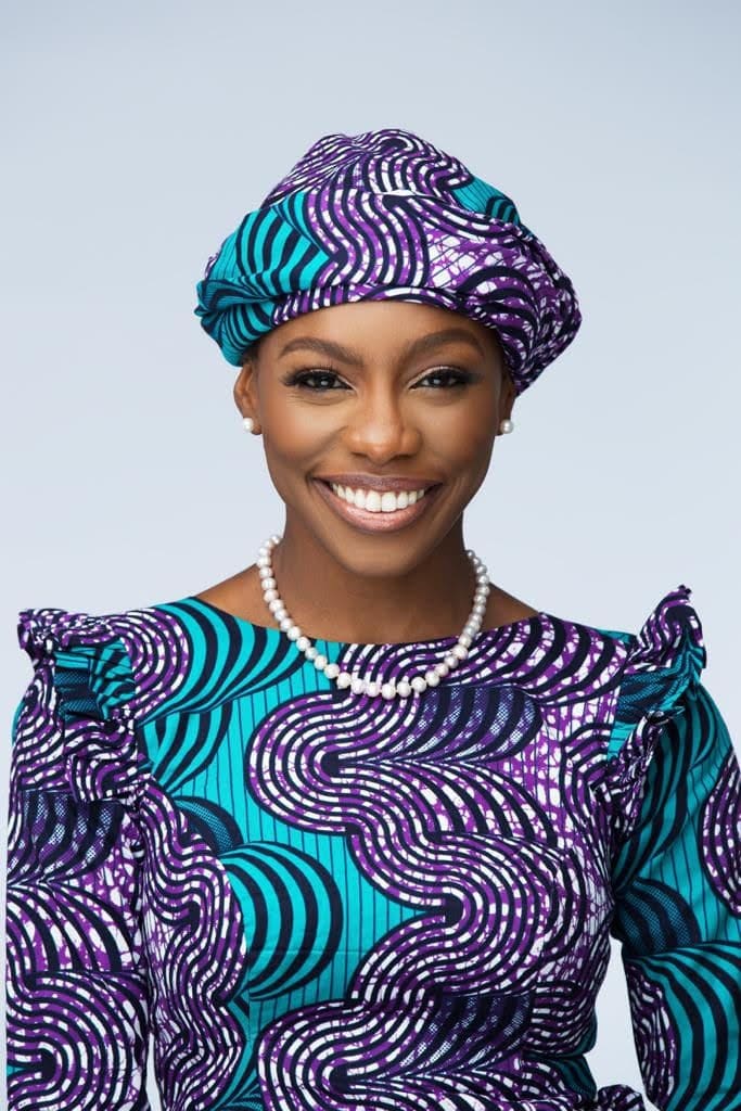 Simi Fajemirokun, founder of The Children’s Language Centre, in teal and purple ankara and a matching gele.